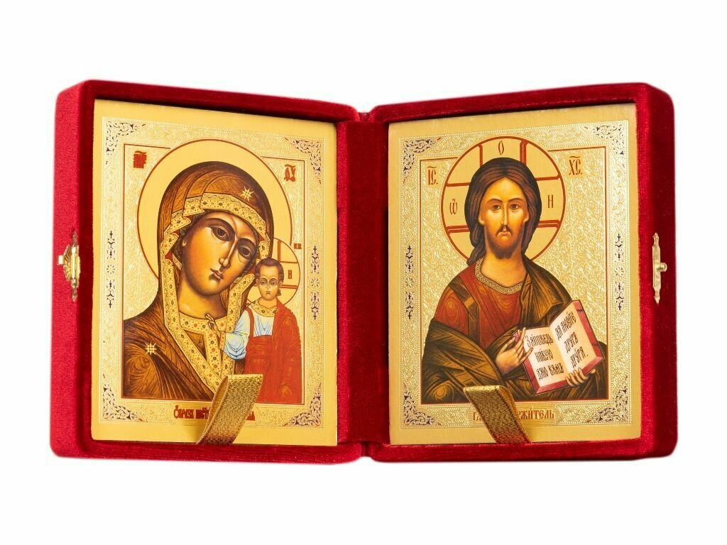 Складень венчальный: жаккард красный / Пара икон Богородица Казанская и Спаситель