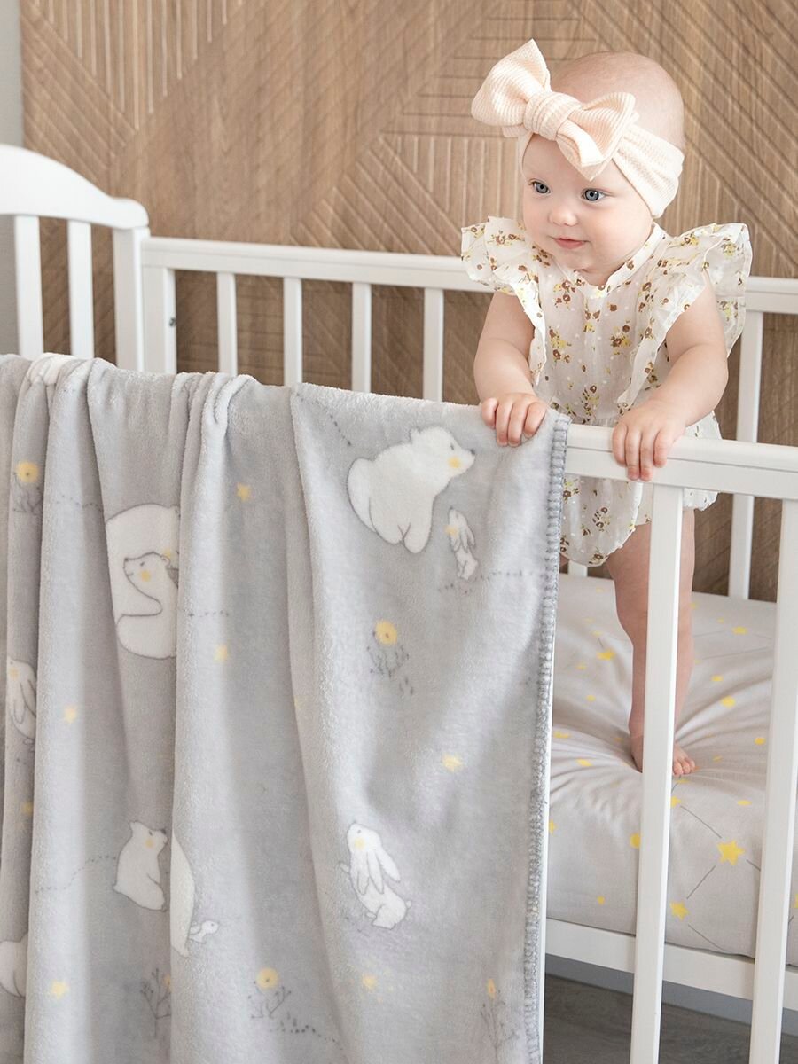 Плед 100х140 для новорожденного детский пушистый на кровать, "Мишутка", серый