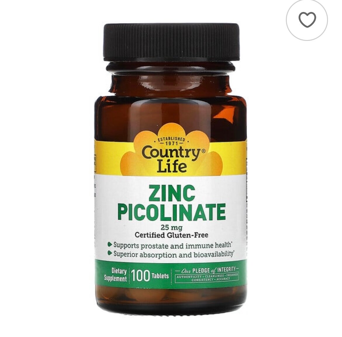 Country Life Zinc Picolinate 25 mg - Пиколинат цинка 100 таблеток