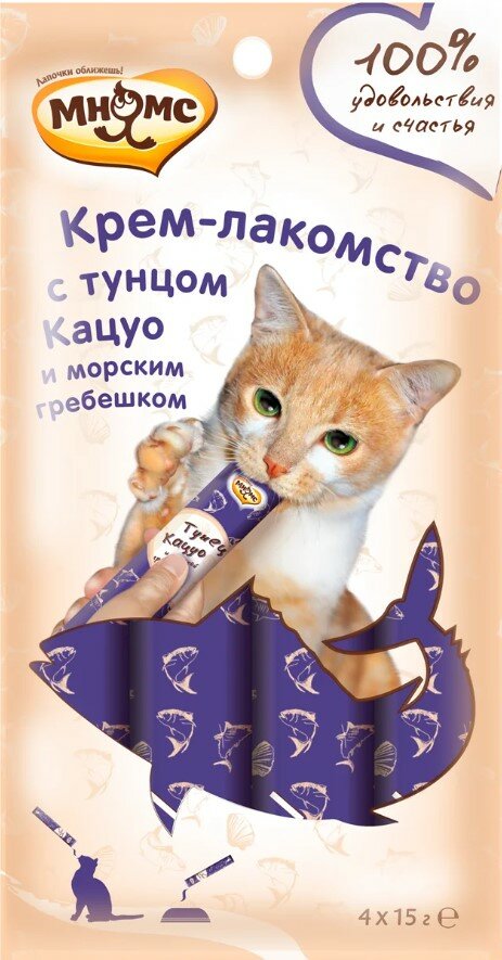 Мнямс Крем- лакомство для кошек с тунцом Кацуо и морским гребешком 15 г х 4 шт.