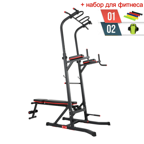 Турник-пресс-брусья со скамьей UNIX Fit POWER TOWER 150P + набор для фитнеса