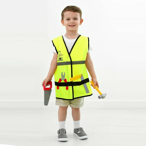 Игровой набор строителя детский 5 предметов MEGA TOYS жилет строительный, молоток игрушечный, линейка, пила, кусачки