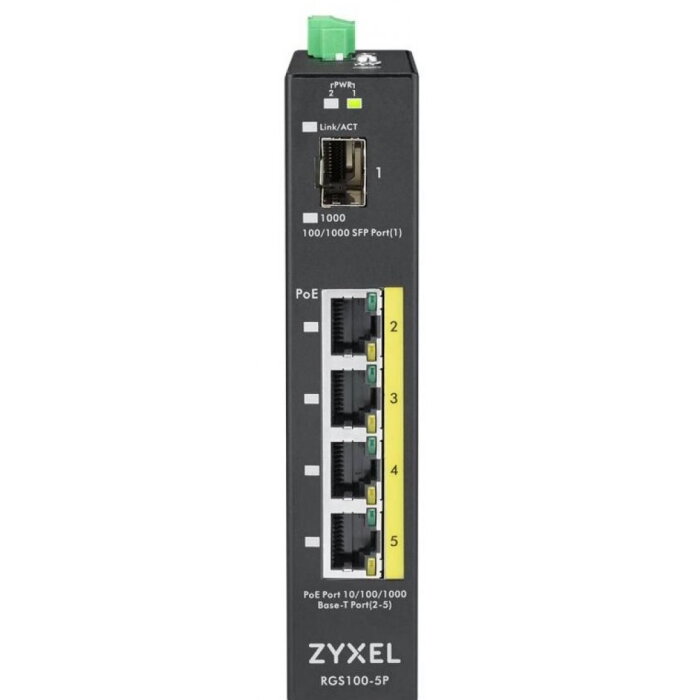 Промышленный PoE+ коммутатор Zyxel RGS100-5P, 4xGE PoE+, 1xSFP, крепление на стену/DIN-рейку, IP30, два источника питания DC, бюджет PoE 120 Вт (RGS100-5P-ZZ0101F) - фото №7