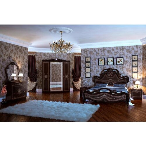 Спальный гарнитур Мэри Грация орех (кровать 180х200 шелкогр, шкаф 4дв, тумбочки 2шт, кроватное основание, комод, зеркало)