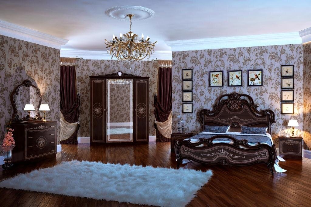 Спальный гарнитур Мэри Грация орех (кровать 160х200 шелкогр, шкаф 4дв, тумбочки 2шт, кроватное основание, комод, зеркало)