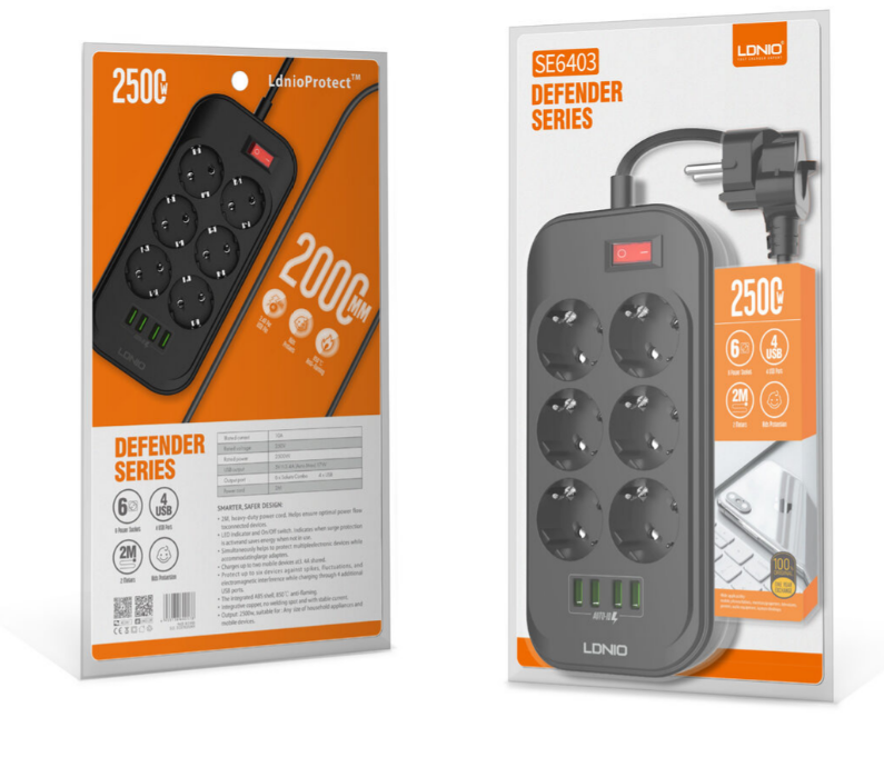 LDNIO SE6403/ Сетевой удлинитель 2м + ЗУ на 4 USB/ 6 розеток (медь) - 2500W/ USB - 17W/ Black&Gray — фото 1