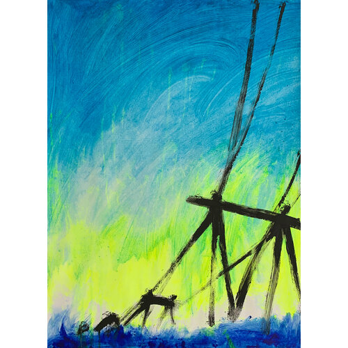 Картина «Линия электропередач», художник Gala, абстракционизм, 55х75 см, акварельная бумага, пальчиковые краски, оформлена на планшете