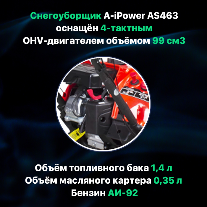 Снегоуборочная машина A-iPower AS463 / Снегоуборщик несамоходный бензиновый 4-тактный двигатель 99 куб см 3 л.с. 2200 Вт бак 1,4 л - фотография № 4