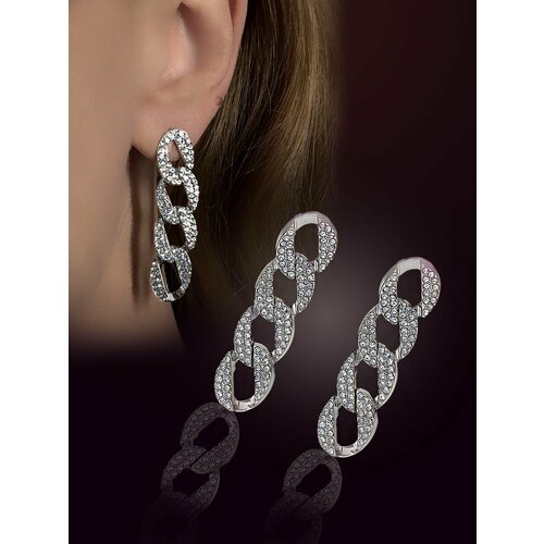 Серьги  Серьги длинные звенья со стразами, серебрение, размер/диаметр 20 мм., бесцветный, серебряный