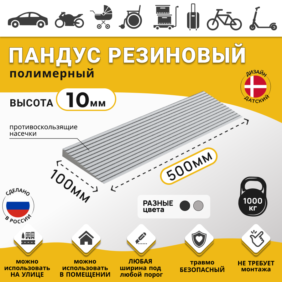 фото Пандус полимерный РУБЕЖ для порогов высотой 1 см (10х500х100 мм)