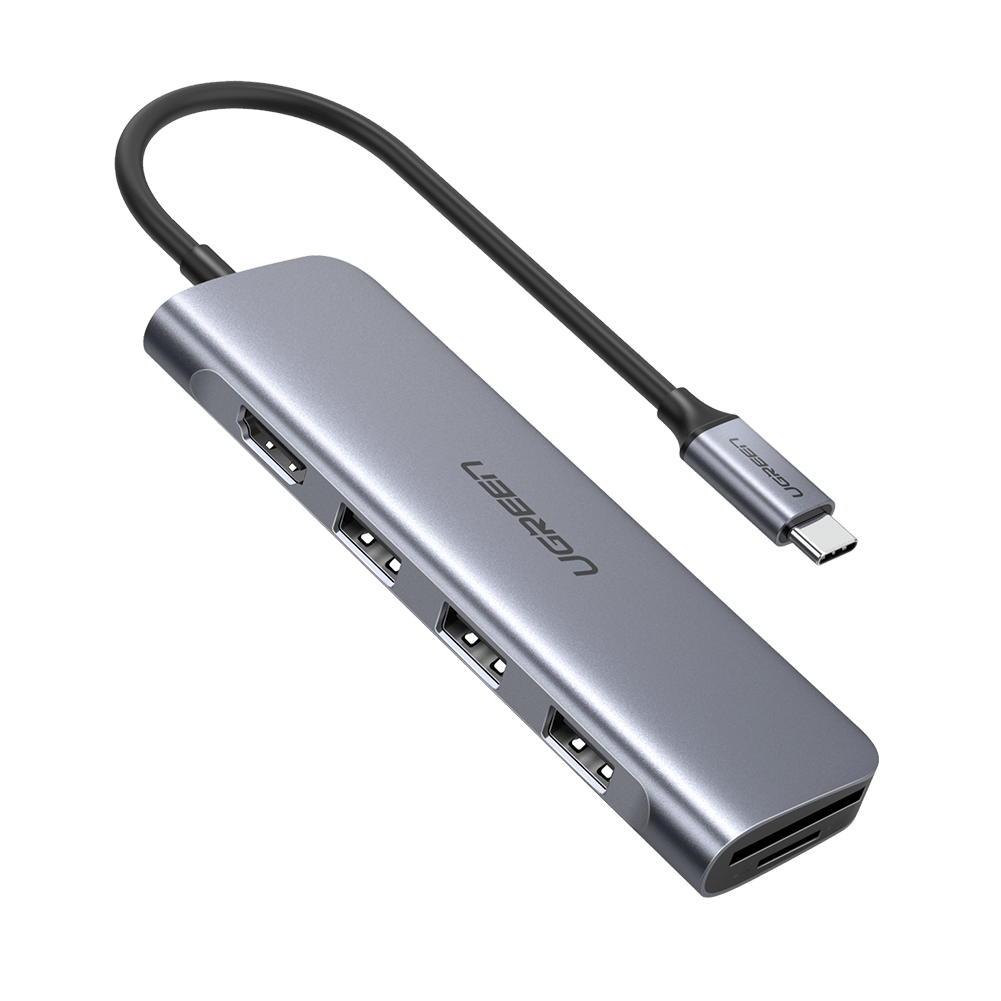 Мульти Хаб Ugreen CM195 (70410) USB-C to 3 Ports USB3.0-A Hub + HDMI + TF/SD Серый космос