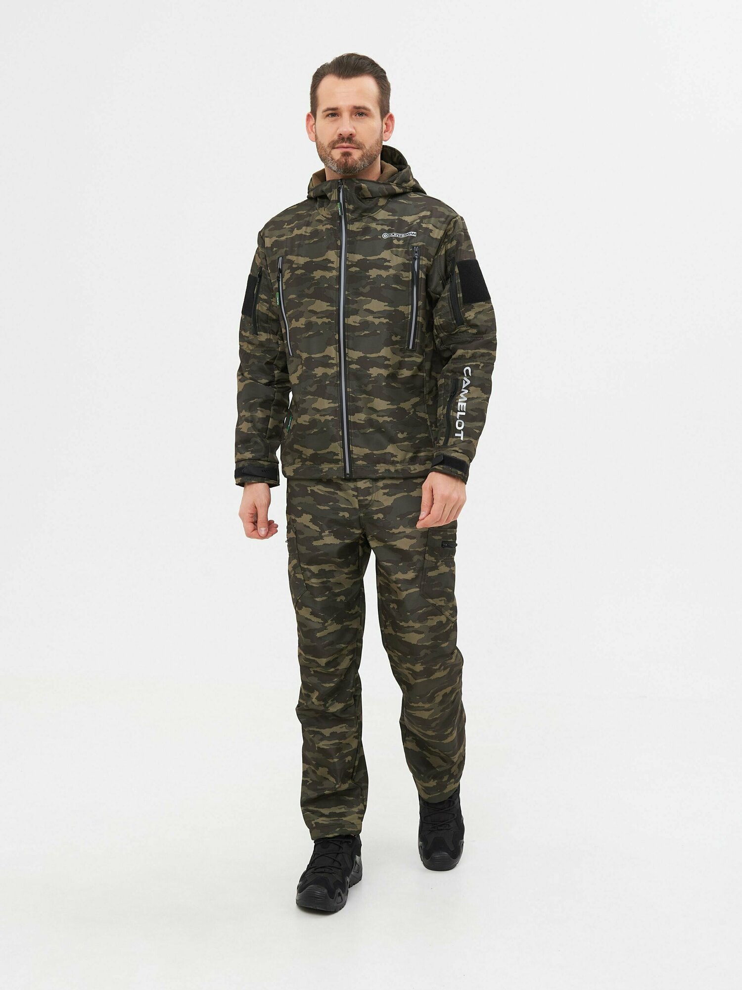 Костюм тактический мужской демисезонный  камуфляжный на флисе Huntsman Камелот рыболовный  охотничий  ткань Softshell  цвет милитари  р 52 54 182 