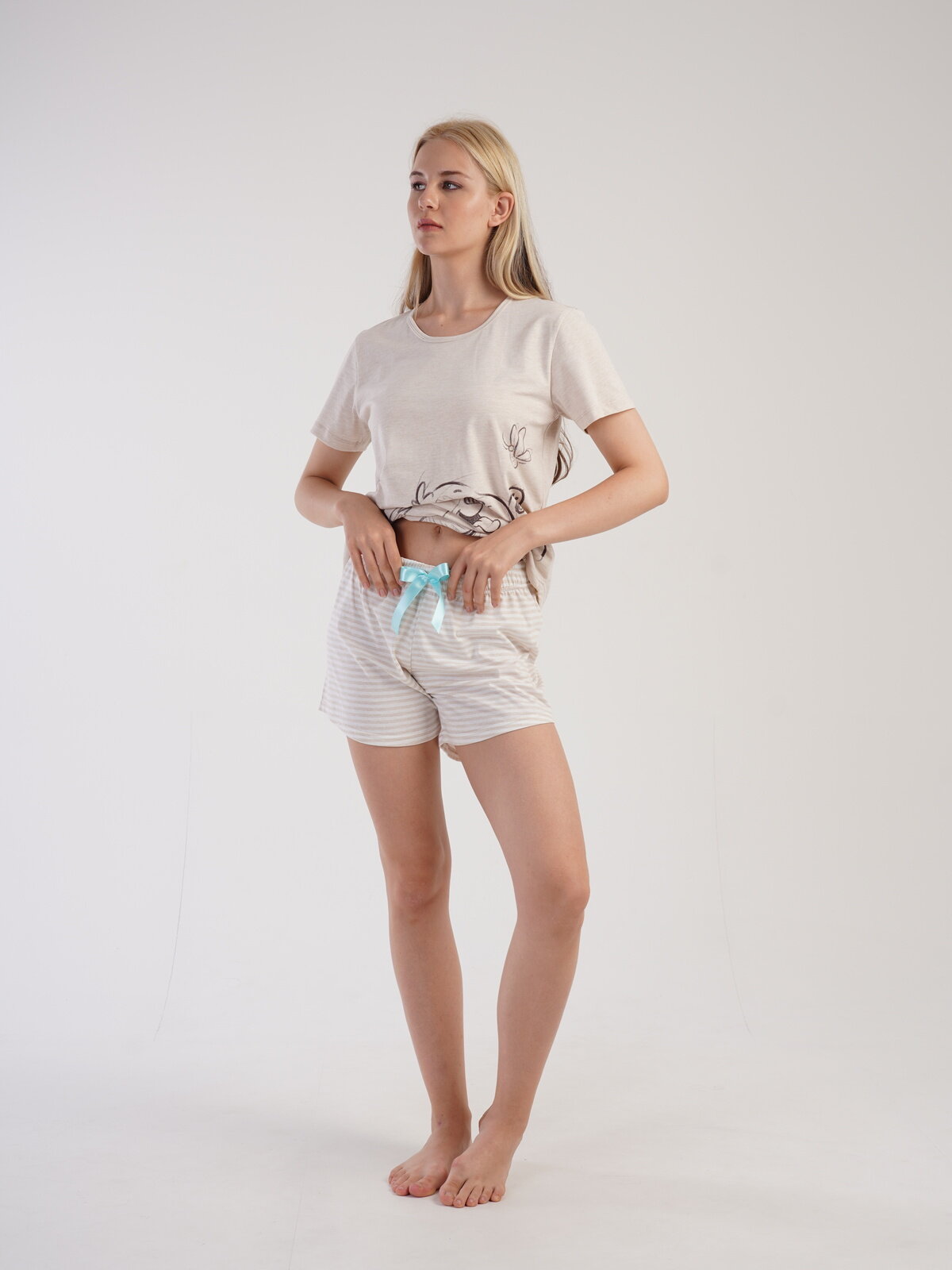 Пижама Vienetta, шорты, короткий рукав, размер 46, бежевый - фотография № 5