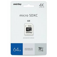 Карта памяти SmartBuy Advanced Series microSDHC 64 ГБ Class 10, UHS-I U3, R/W 90/55 МБ/с, адаптер на SD