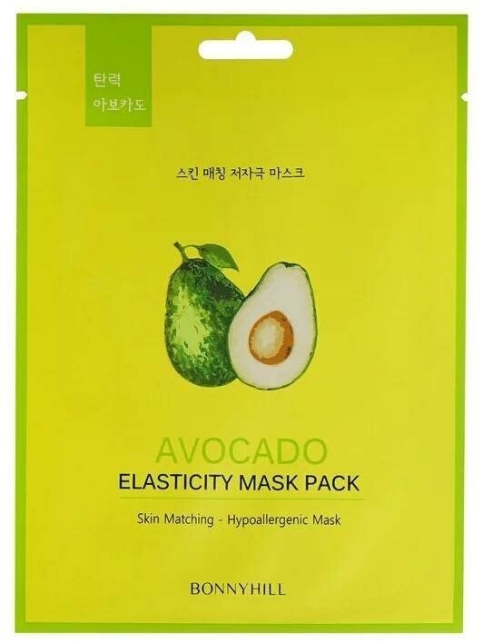 Боннихилл Маска для лица тканевая Elasticity Mask Pack Avokado для всех типов кожи увлажняющая с экстрактом авокадо 23г, 1шт. / корейская косметика