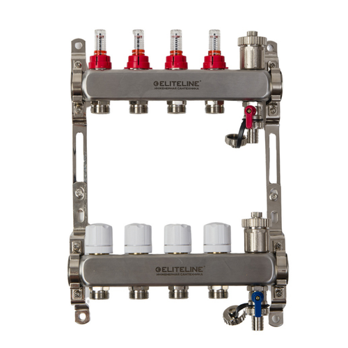 Коллекторная группа ELITELINE с расходомерами из нерж. стали вход 1"х 3/4" 2 выхода (дренажный кран и автоматический воздухоотводчик в комплекте!)