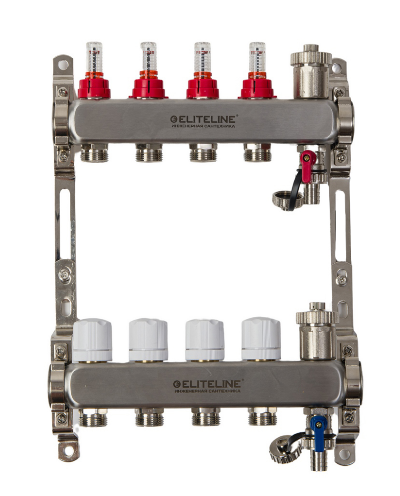 Коллекторная группа ELITELINE с расходомерами из нерж. стали вход 1"х 3/4" 2 выхода (дренажный кран и автоматический воздухоотводчик в комплекте!)