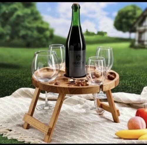 Менажница столик складной из натурального дерева 32см, винный столик. 5 секций, 4 держателя для бокалов