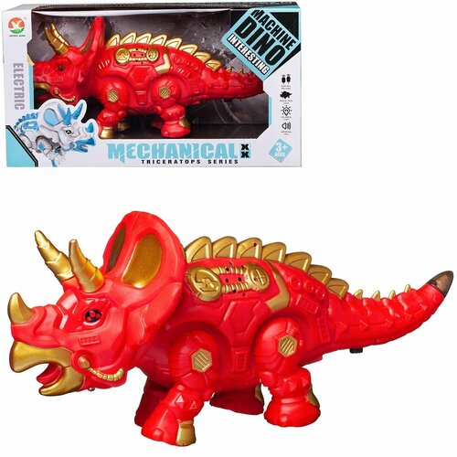 Динозавр-робот Трицераптос, электромеханический, движение, световые и звуковые эффекты, красный, в коробке 30х10х15 см - Junfa Toys [WB-00698/красный]