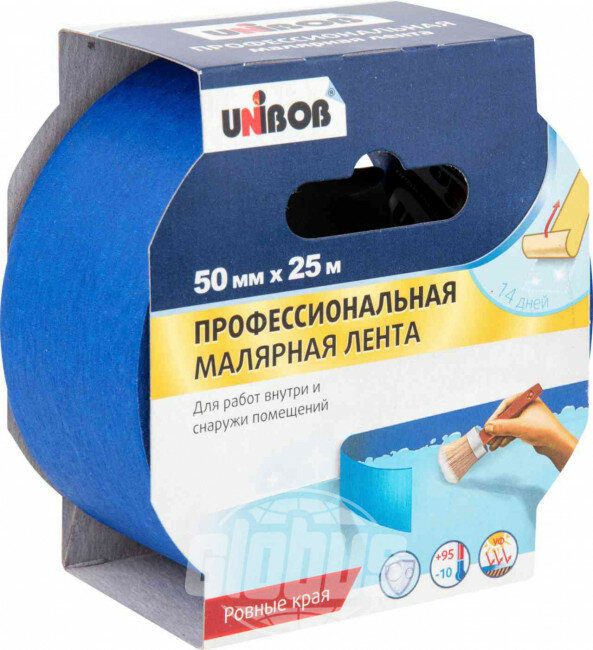 Профессиональная малярная лента Unibob для внутренних и наружных работ, синий, 50 мм х 25 м - фотография № 3