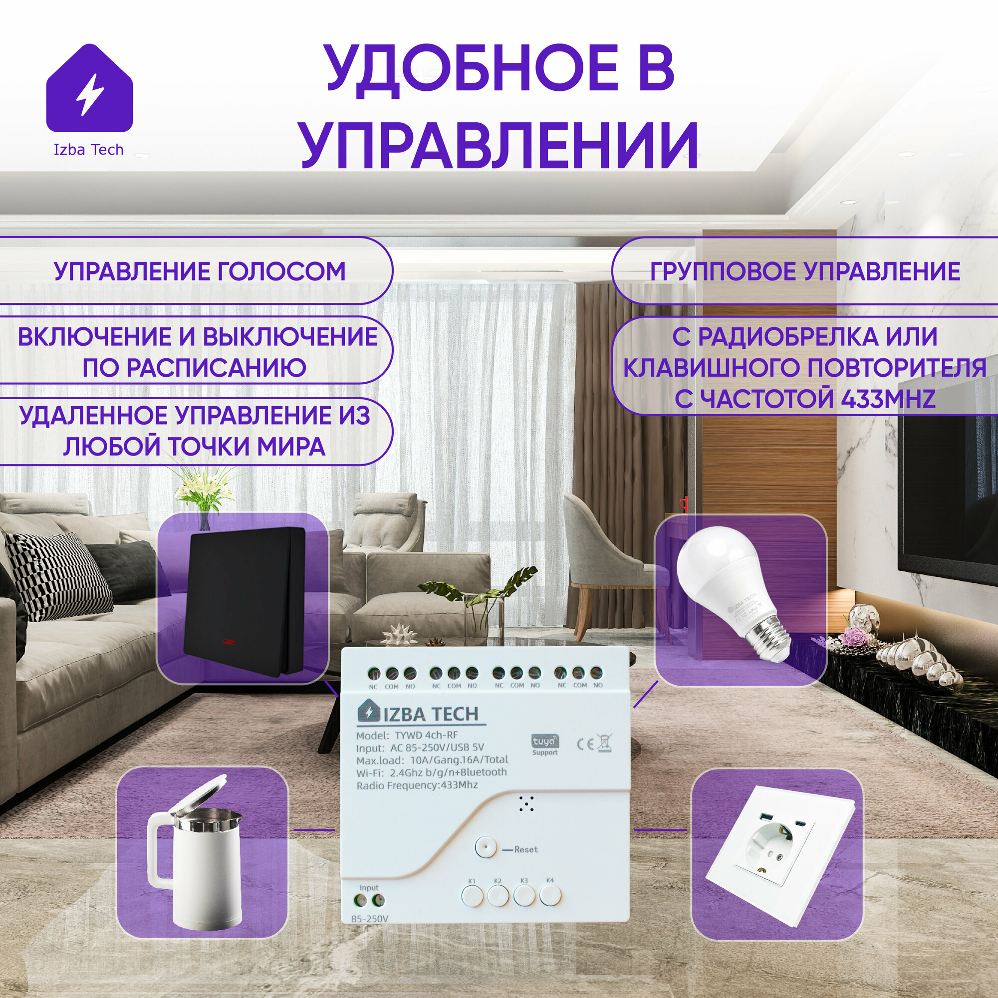 Новое Умное реле контроллер с корпусом на 4 устройства для умного дома с Яндекс Алиса Tuya с WIFI + RF + BLE