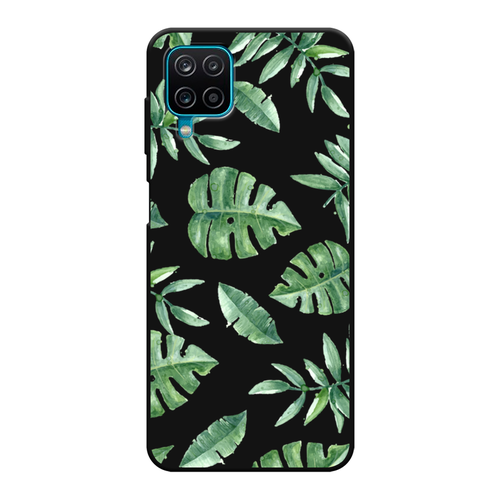 Матовый силиконовый чехол на Samsung Galaxy A12 / Самсунг Галакси А12 Нарисованные пальмовые листья, черный