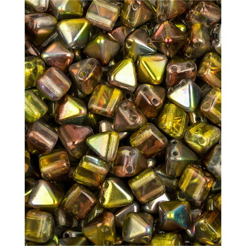 Стеклянные чешские бусины с двумя отверстиями, Pyramid beads 2-hole, 6 мм, цвет Crystal Magic Green, 10 шт.
