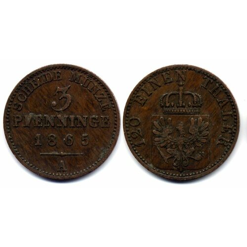 (1865A) Монета Германия (Пруссия) 1865 год 3 пфеннинга / 1/120 талера Медь VF клуб нумизмат монета 1 3 талера саксонии 1854 года серебро f фридрих август