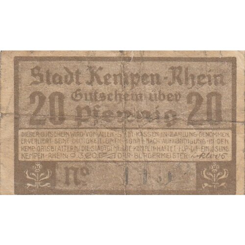 германия веймарская республика кемпен 20 пфеннигов 1920 г 1 2 Германия (Веймарская Республика) Кемпен 20 пфеннигов 1920 г. (№1) (2)