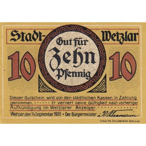 Германия (Веймарская Республика) Вецлар 10 пфеннигов 1920 г. (3)