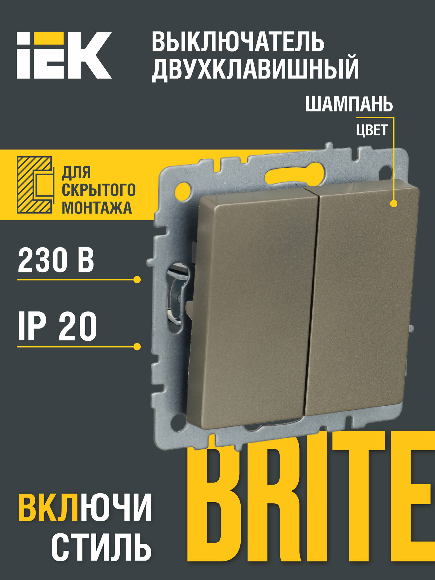 Выключатель 2-кл. СП BRITE ВС10-2-0-БрШ 10А шампань BR-V20-0-10-K37 IEK