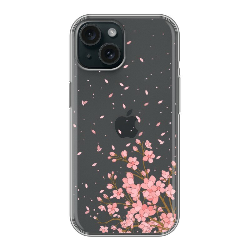 Полупрозрачный дизайнерский силиконовый чехол для Айфон 15 / Iphone 15 Ветка сакуры