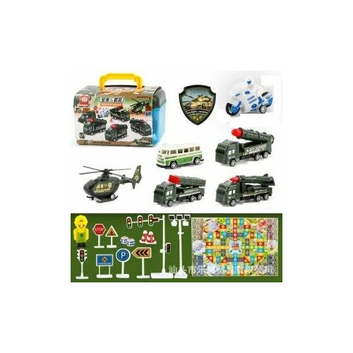 Игровой набор /Военная техника/ в чемод 18*14,5*13см, комплект:4маш,1верт,1мотоц,1фигурка, знаки дор