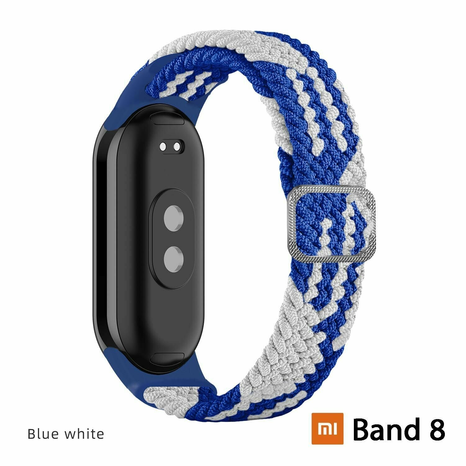 Плетёный ремешок из эластичной ткани для фитнес браслета Xiaomi Mi Band 8 (Ксиоми Ми Бэнд 8) синий белый