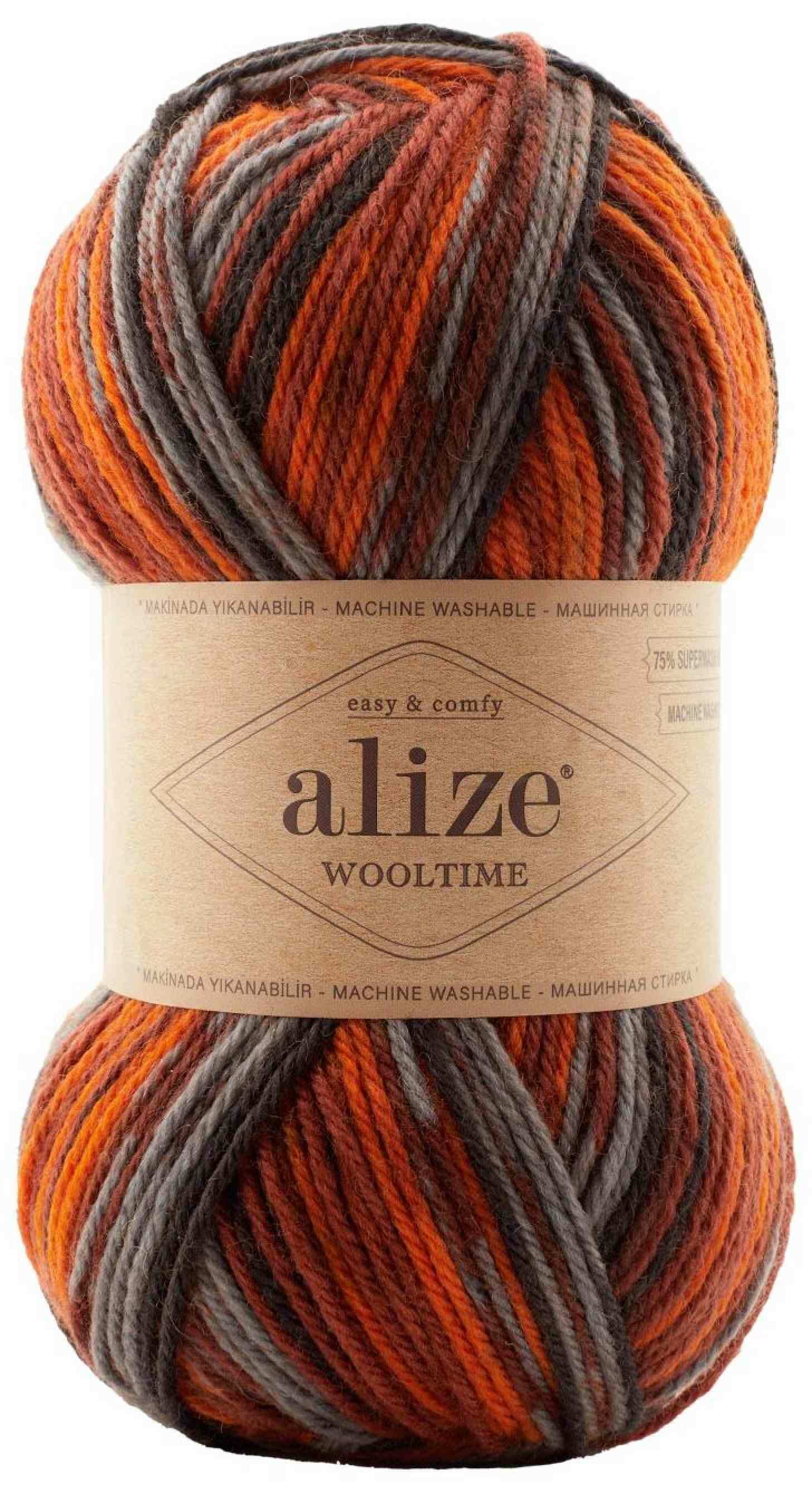 Пряжа Alize Wooltime принт серый-оранжевый-терракот (11014), 75%шерсть/25%полиамид, 200м, 100г, 1шт