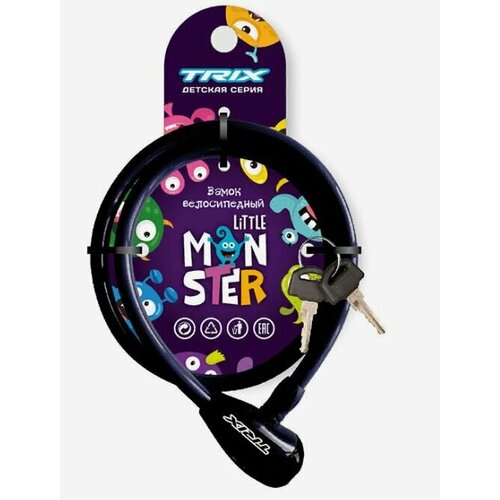 фото Замок противоугонный trix little monster детский, трос стальной, с ключами 8х1200мм, в пластиковой оболочке, черный