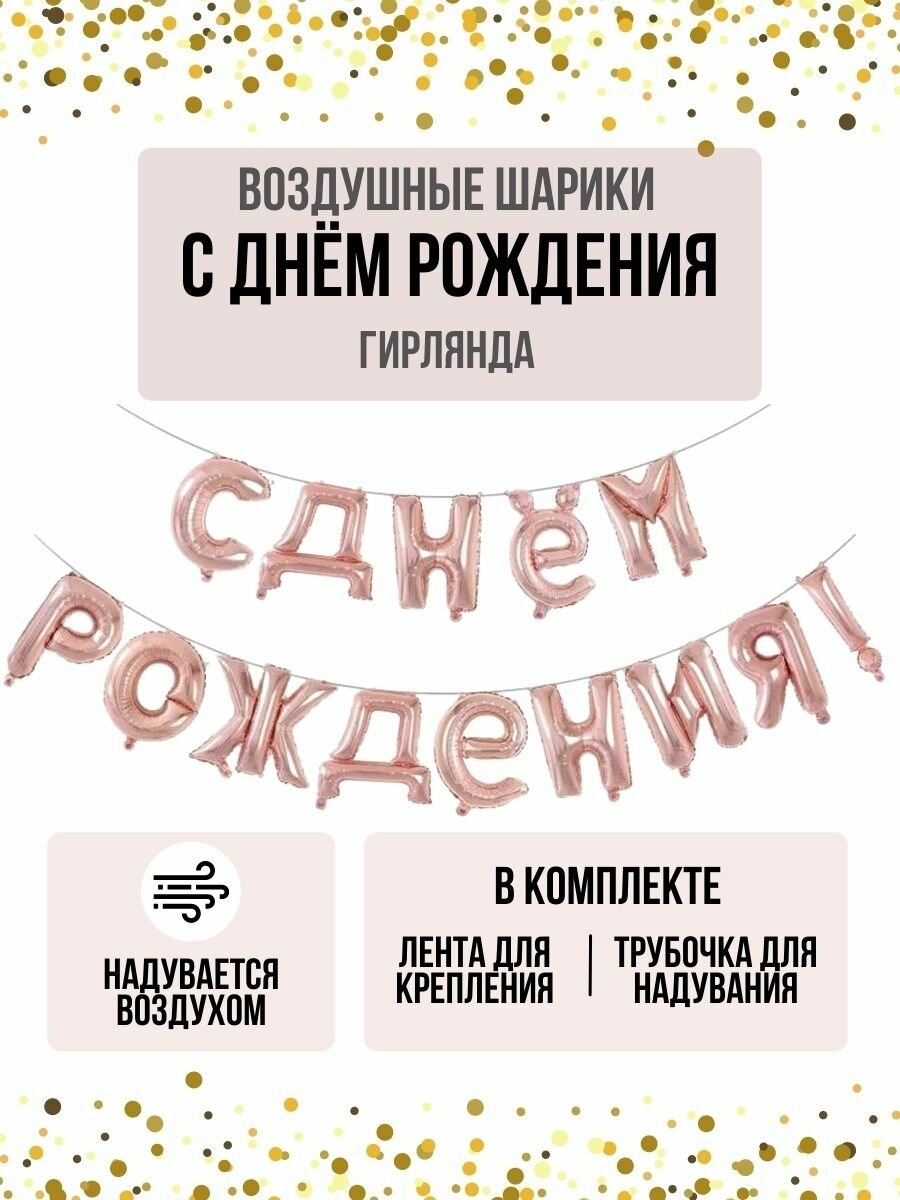 Надпись-гирлянда из воздушных шаров С днем рождения в надутом виде для фотозоны - розовое золото 1шт