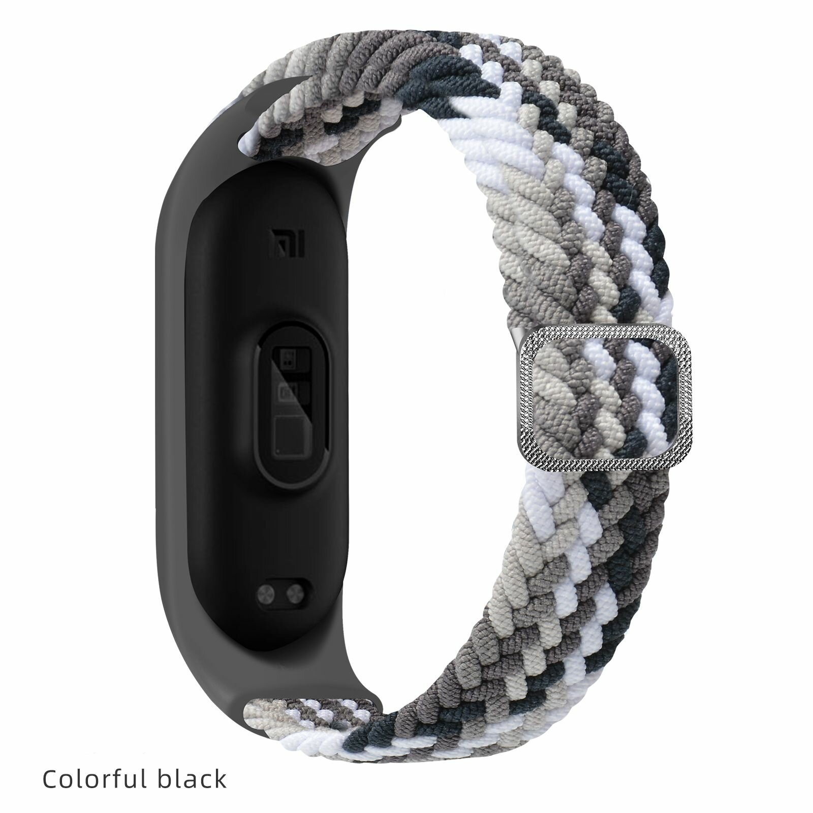 Плетёный ремешок из эластичной ткани для фитнес-браслета Xiaomi Mi Band 3 4 5 6 7 (Ксиоми Ми Бэнд 7) чёрно-серый