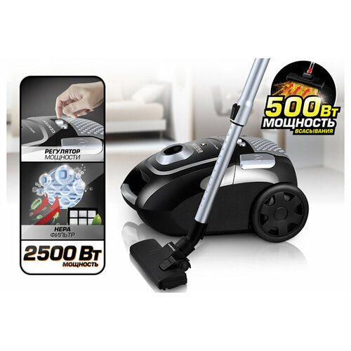 Пылесос Centek CT-2519 чернхром 2500500Вт регулятор мощности тканевый мешок телескоп трубка 959300₽