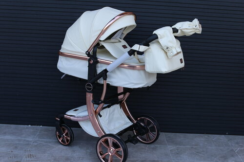 Детская коляска - трансформер 2в1 Teknum 608 С реверсивным блоком Экокожа С сумкой, светло-бежевый