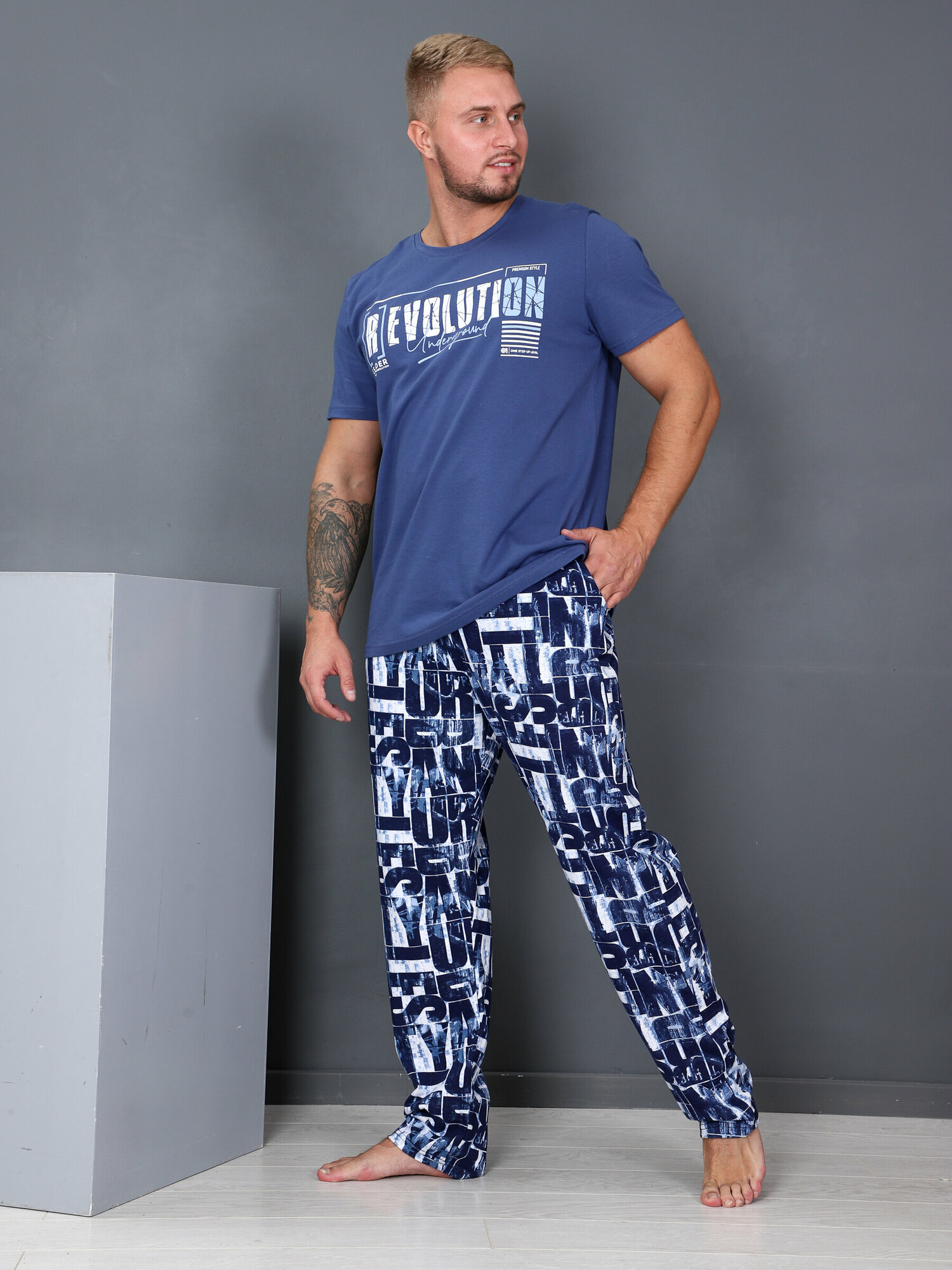 Костюм мужской с брюками домашний больших размеров Революция-man синий IvCapriz 60 - фотография № 2
