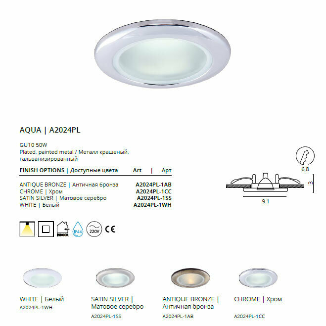 Точечный встраиваемый светильник Arte Lamp AQUA A2024PL-1SS