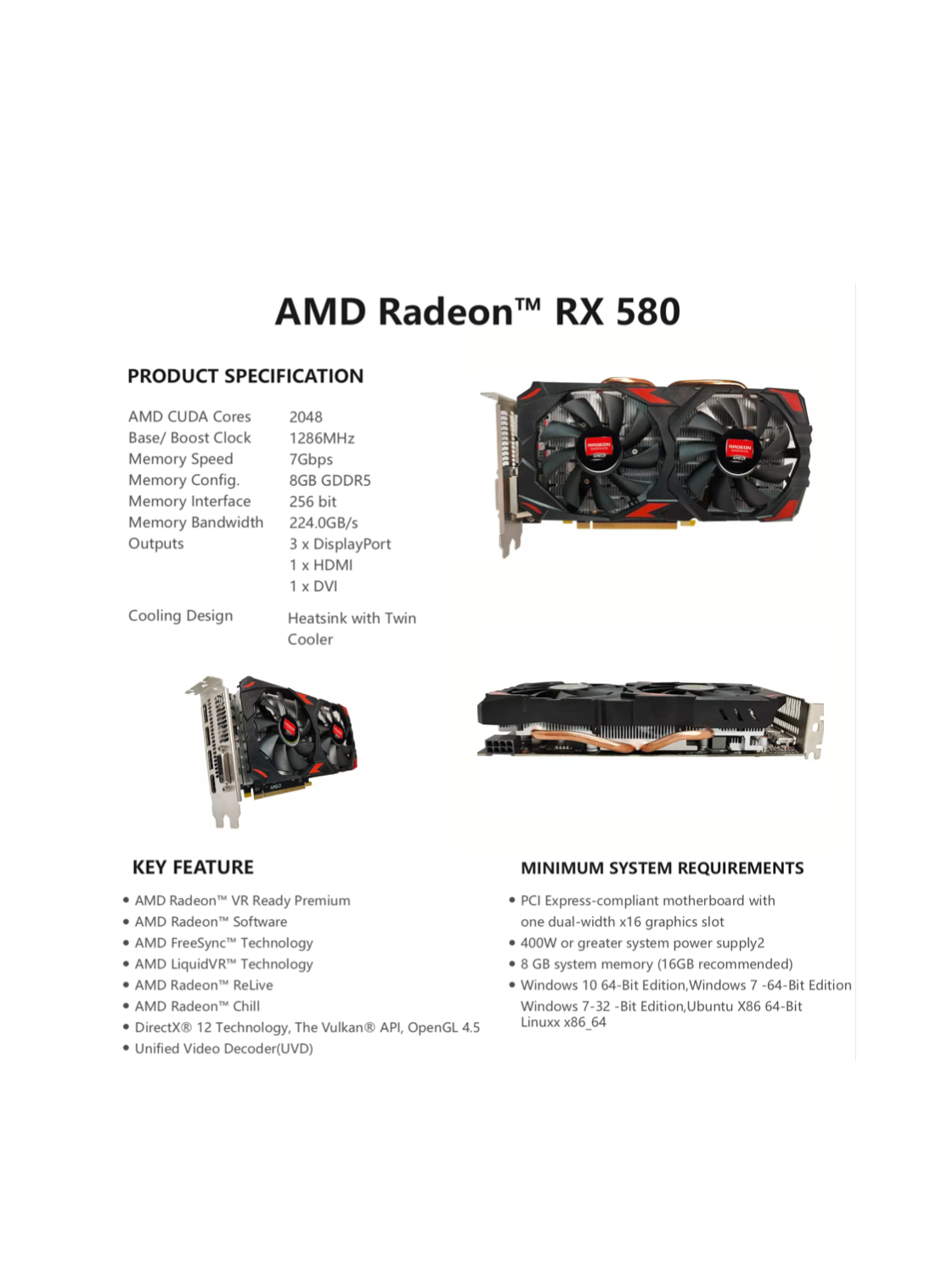 Видеокарта Radeon RX 580 8 ГБ (2046SP) (RX580-GDDR5)