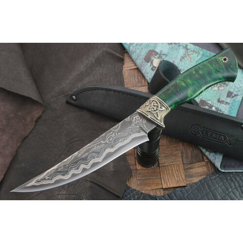 фото Нож lemax охотник (ламинированный дамаск, мельхиор, стабилизированная карелка)