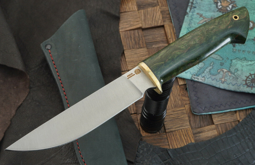 Мастерская Сковородихина нож Сибиряк, сталь 95Х18, рукоять зеленая стабилизированная береза