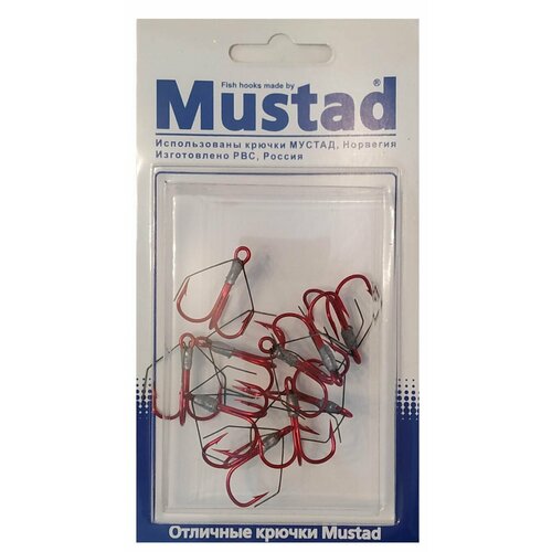 фото Тройник с усиками от зацепов, крючок mustad №3 red, упаковка 10 штук/блистер рвс
