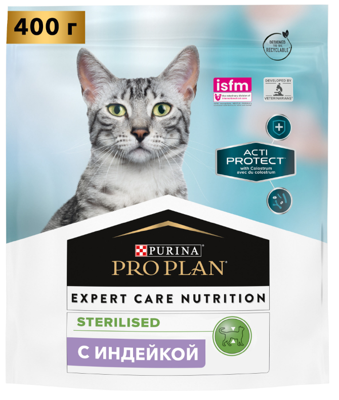 Сухой корм PRO PLAN ACTI PROTECT для стерилизованных кошек и кастрированных котов, с высоким содержанием индейки, 400г