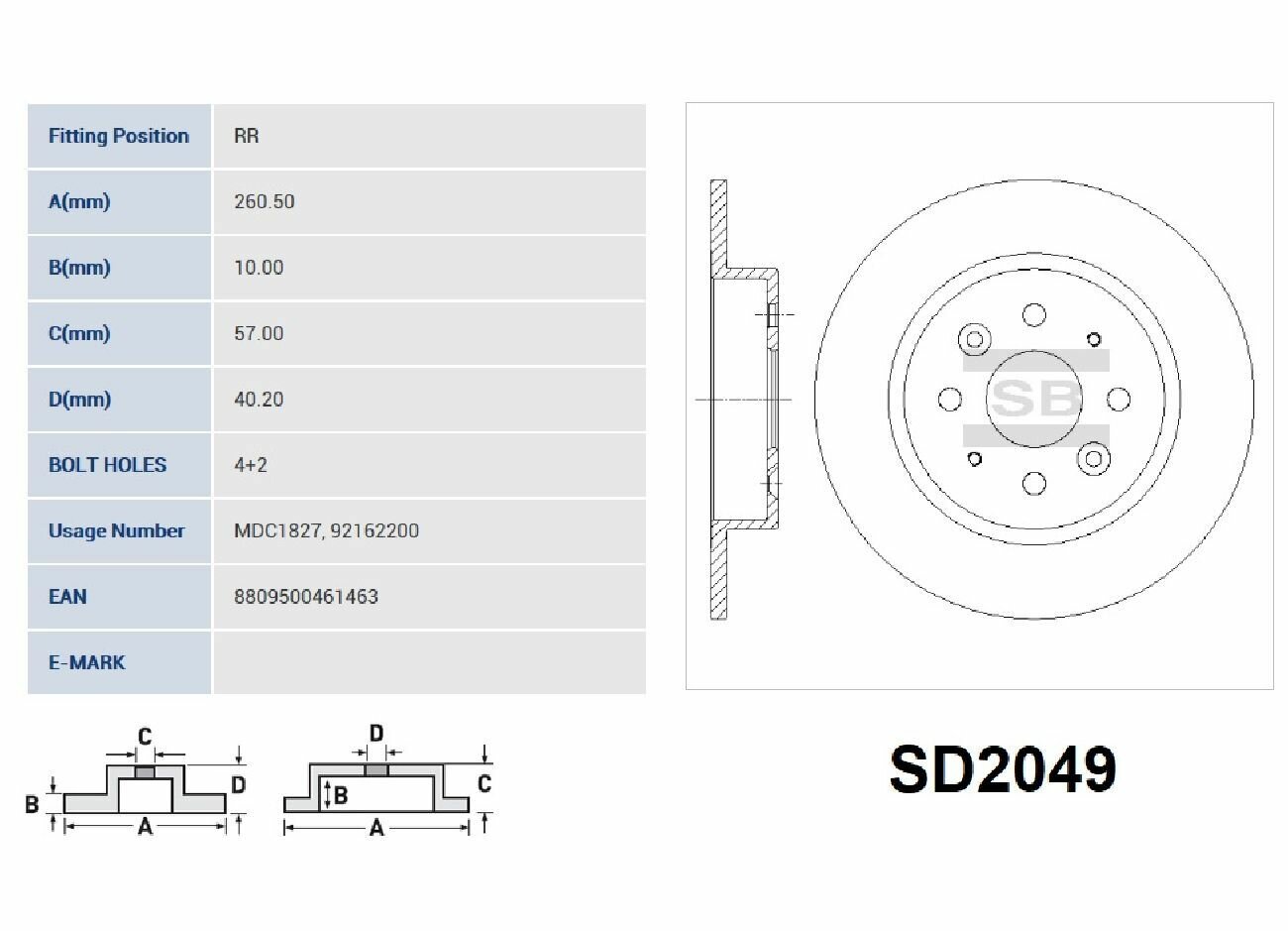 Диск тормозной задний SANGSIN SD2049 для Kia Spectra 2605мм