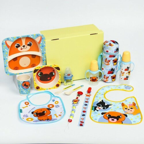 Подарочный набор Песики 13 в 1 бутылочка 2 шт нагрудник 2 шт ниблер держатель для пустышки 2 шт термосумка набор посуды из бамбука тарелка миска стакан ложка вилка 8124₽