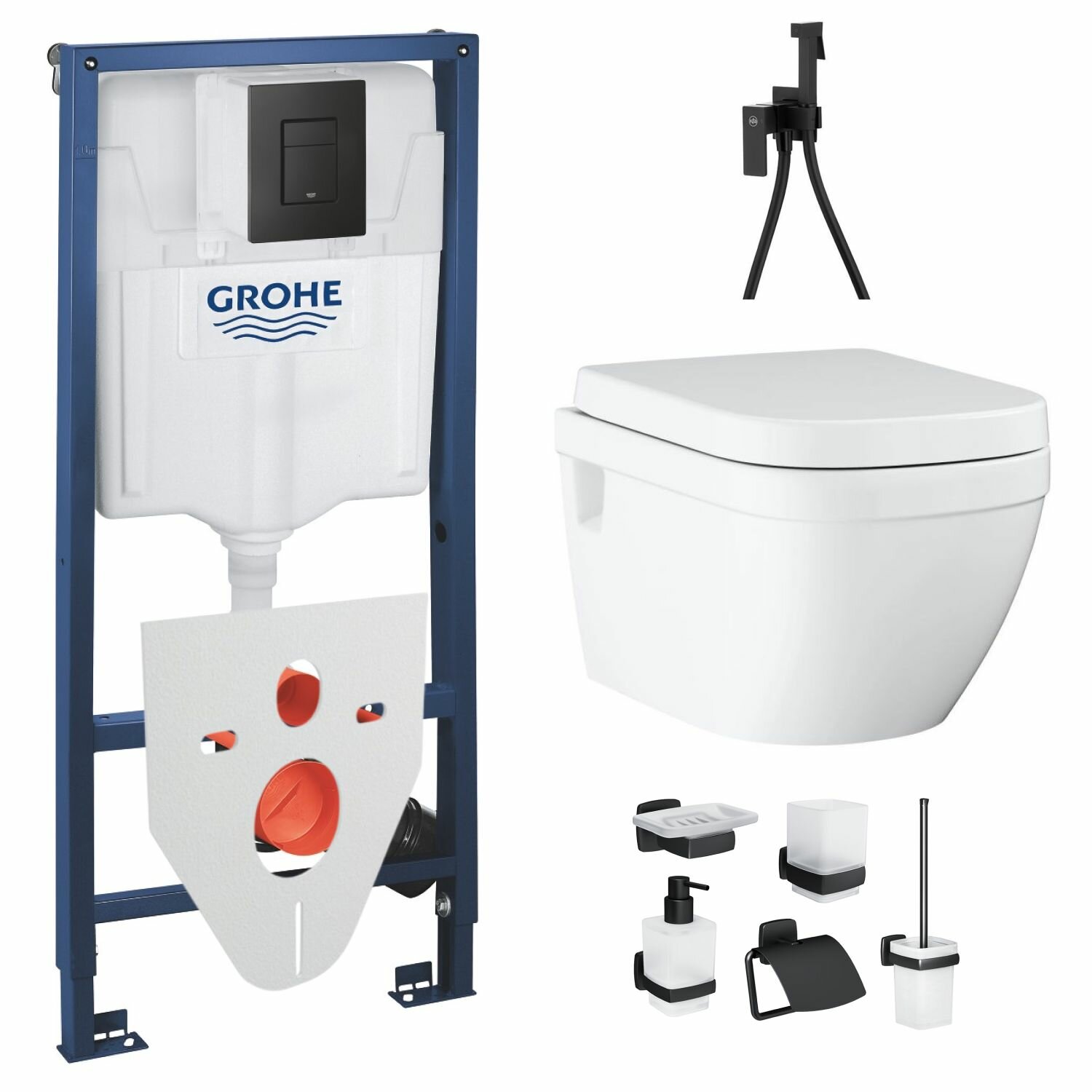 фото Готовое решение: инсталляция и подвесной унитаз Grohe Euro Ceramic, сиденье, гигиенический душ, аксессуары